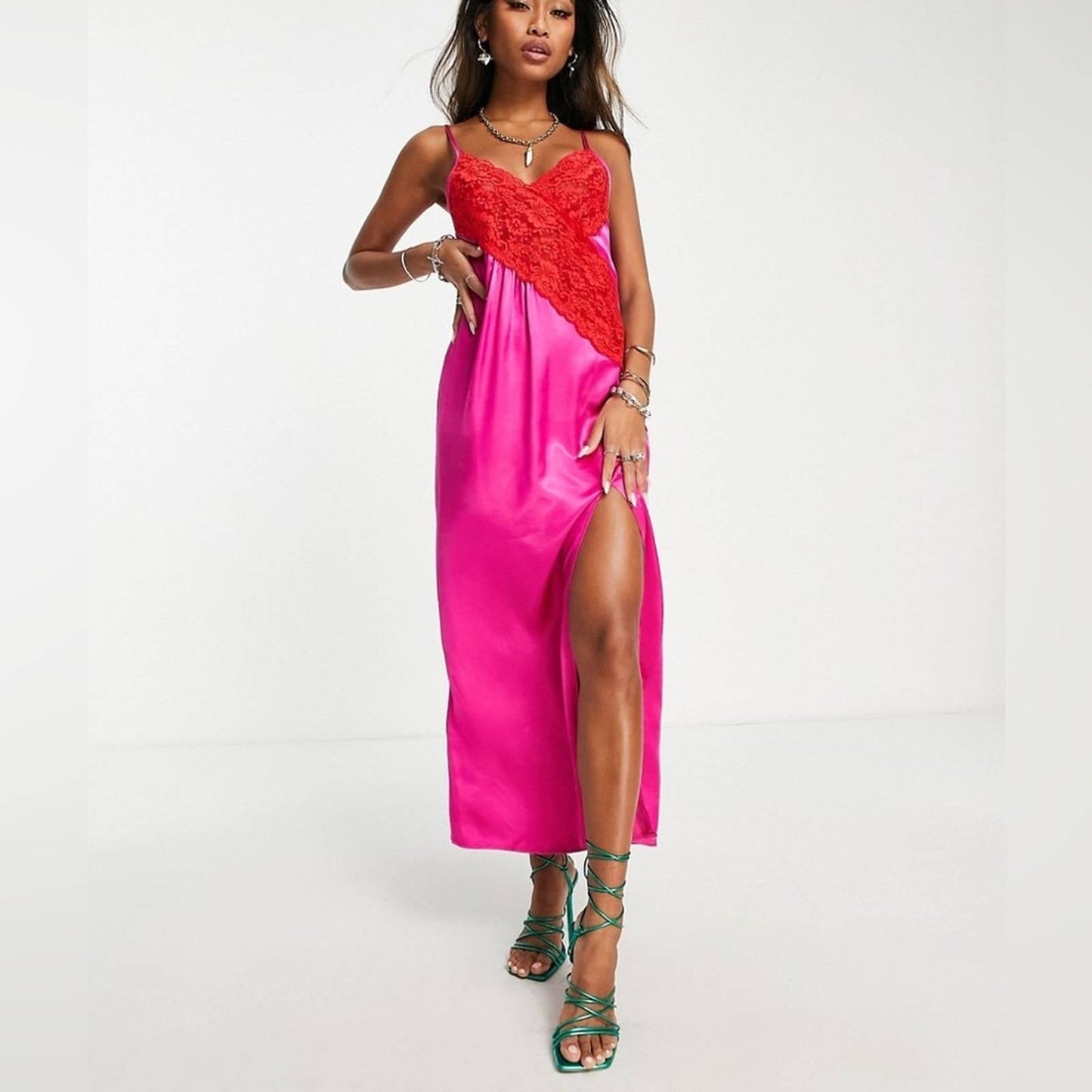 Topshop contrast lace color block slip dress in pink.