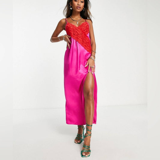 Topshop contrast lace color block slip dress in pink.