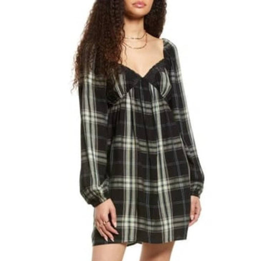 BP. LACEY PLAID LONG SLEEVE BABYDOLL DRESS NWOT