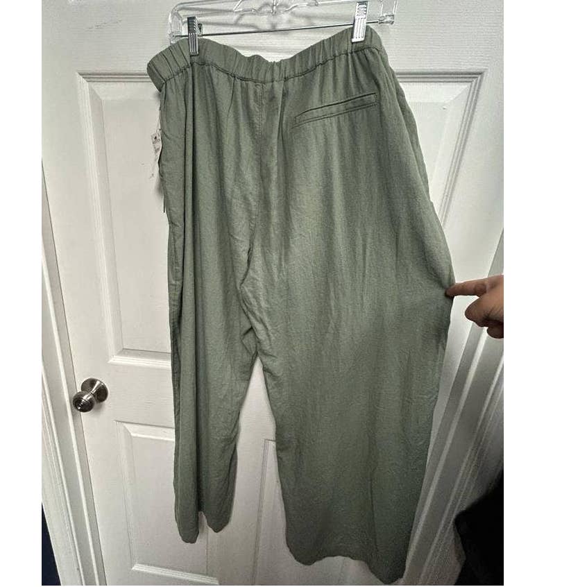 WIDE LEG PULL-ON LINEN BLEND PANTS GREEN DUNE