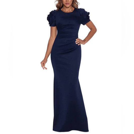 XSCAPE Ruched Fit & Flare Gown NAVY