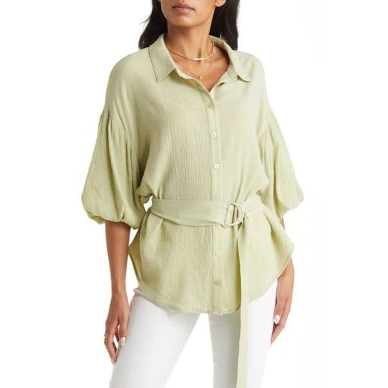 VICI COLLECTION Belted Puff Sleeve Button-up Shirt In Green