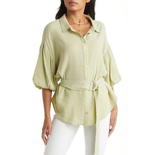 VICI COLLECTION Belted Puff Sleeve Button-up Shirt In Green