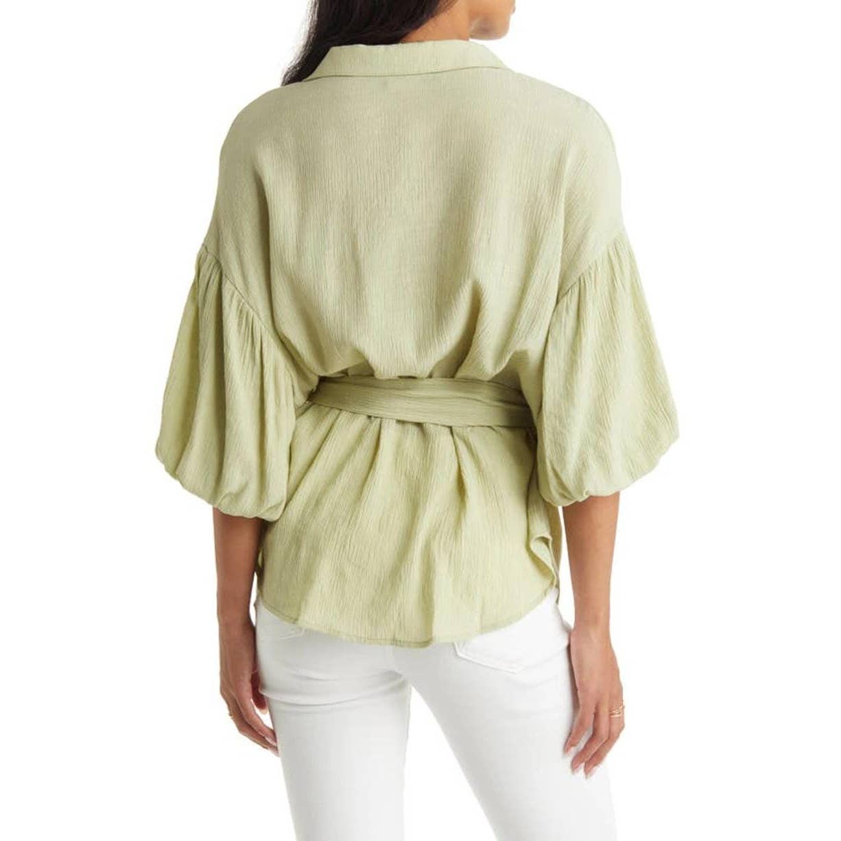 VICI COLLECTION Belted Puff Sleeve Button-up Shirt In Green