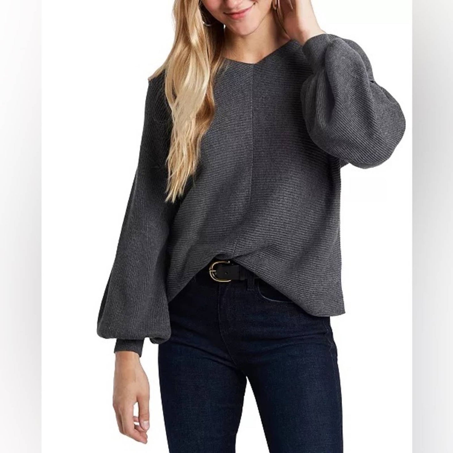 - - 1.State Women's Rib-Knit Bubble Sleeve Long Sleeve Sweater,