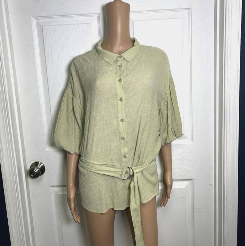 VICI COLLECTION Belted Puff Sleeve Button-up Shirt In Green