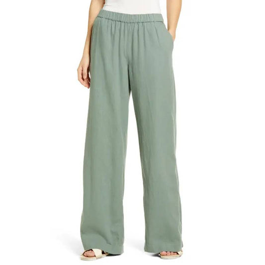 WIDE LEG PULL-ON LINEN BLEND PANTS GREEN DUNE