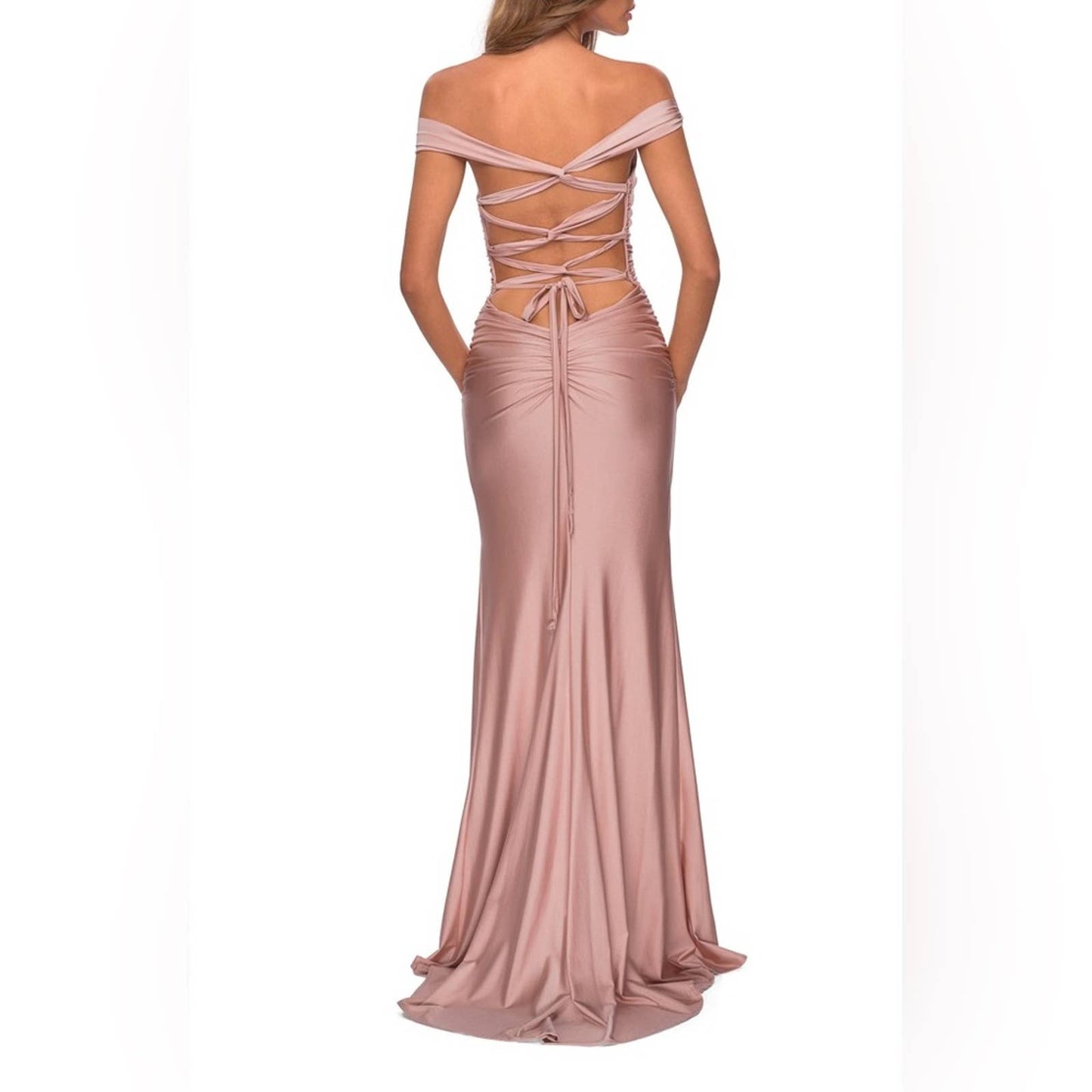 La Femme Off the Shoulder Satin Trumpet Gow