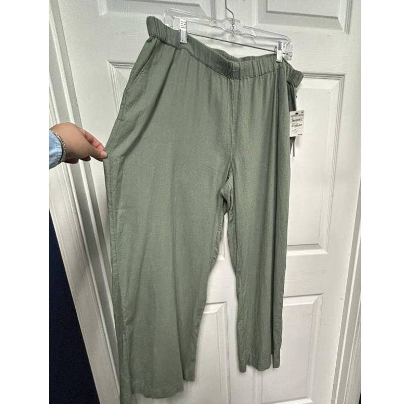 WIDE LEG PULL-ON LINEN BLEND PANTS GREEN DUNE