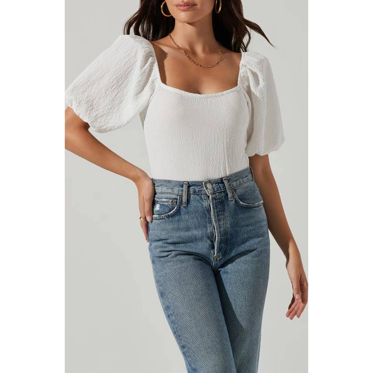 ASTR Puff Sleeve Textured Bodysuit