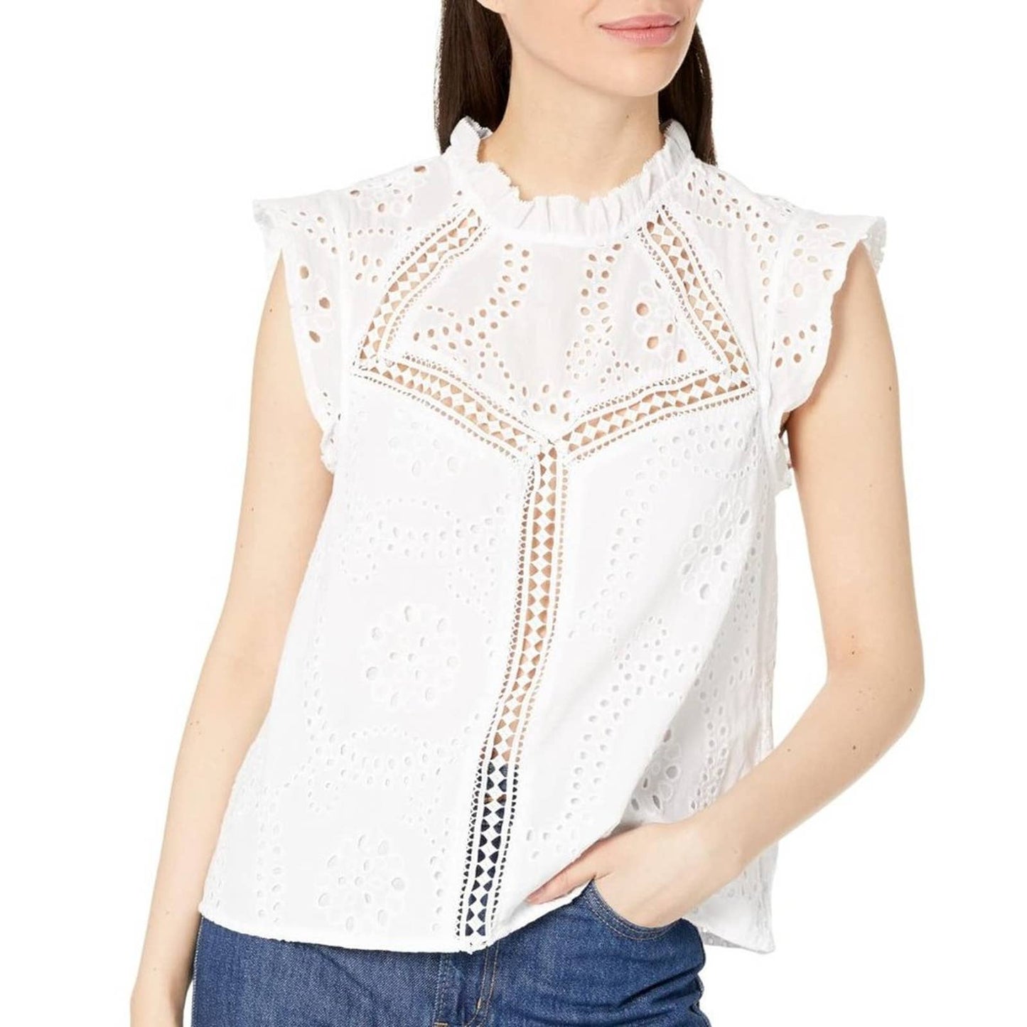 SANCTUARY WHITE GEO TRIM EYELET BLOUSE NWOT