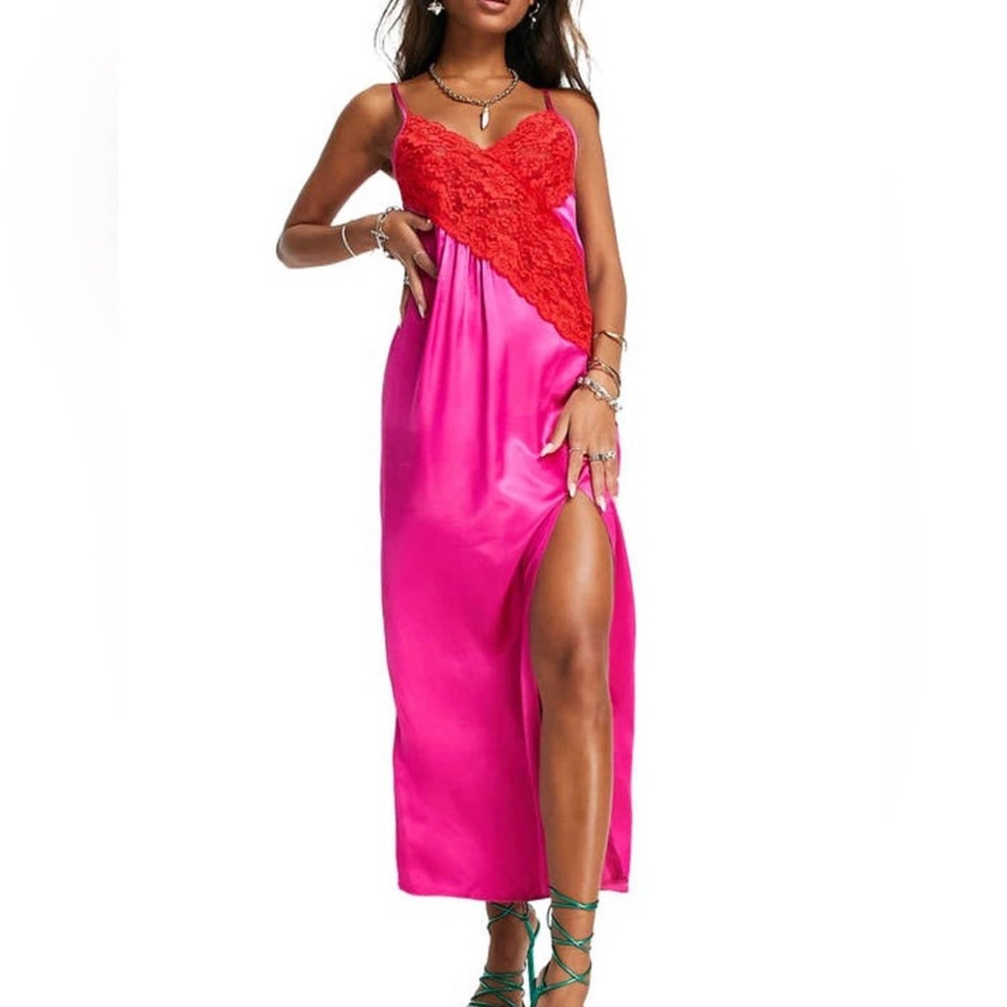 Topshop contrast lace color block slip dress in pink.